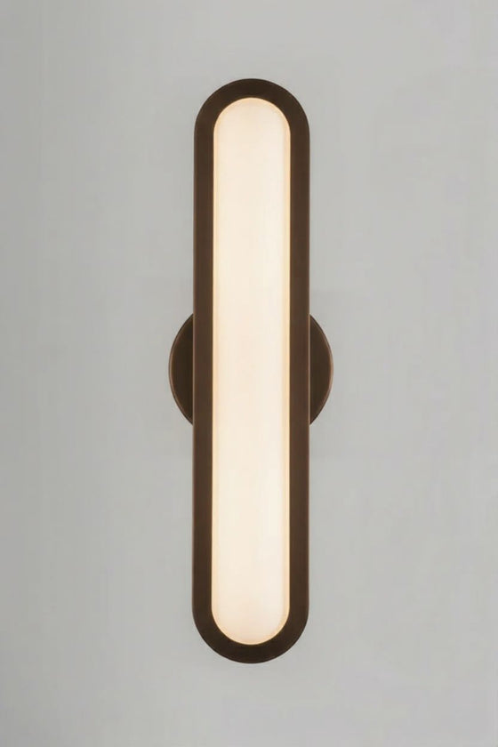 Wall-mounted light fixture with a brown frame and white interior on a gray background