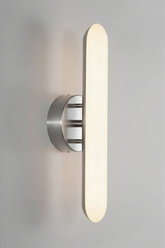 Satin Nickel Sconce Modern wall-mounted light fixture on a gray background