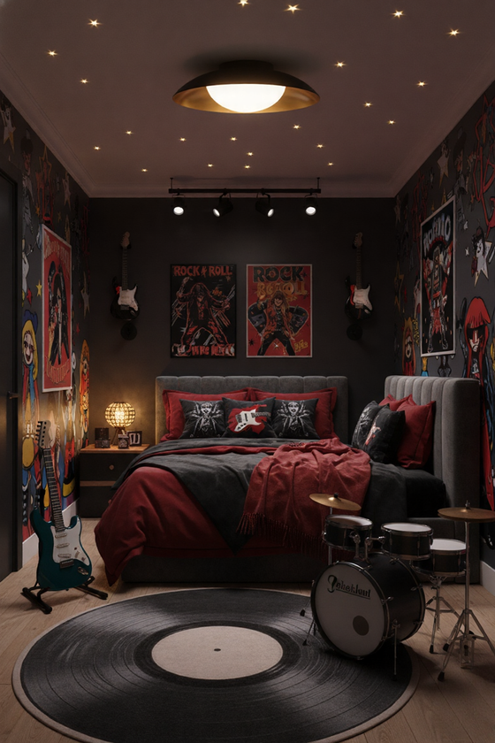 Modern bedroom with gray bed, vinyl record rug, and rock-themed decor. with black and brass LED ceiling light.