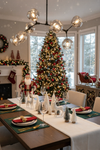 Dining room with Christmas tree, decorations, and a table set for a meal. Matte Black with chrome plated shades, LED pendant chandelier. 