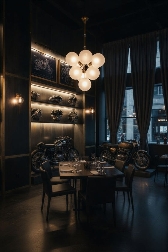 Globe Chandelier in Dark restaurant interior with a chandelier, motorcycle, and large window.
