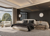 Modern bedroom with matte black alabaster wall sconces, with a large bed, stylish decor, and large windows.
