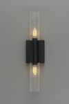 Modern wall sconce with black finish and clear twist glass on a gray background
