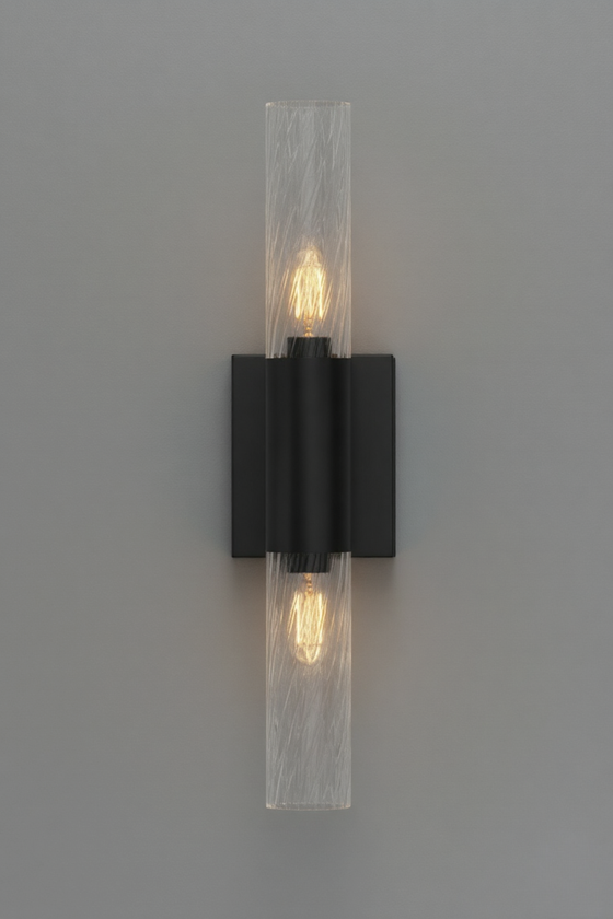 Modern wall sconce with black finish and clear twist glass on a gray background