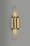 Satin Brass wall sconce with twist glass shade design on a gray background