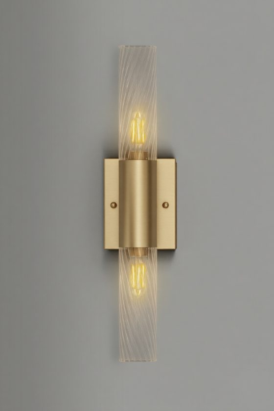 Satin Brass wall sconce with twist glass shade design on a gray background