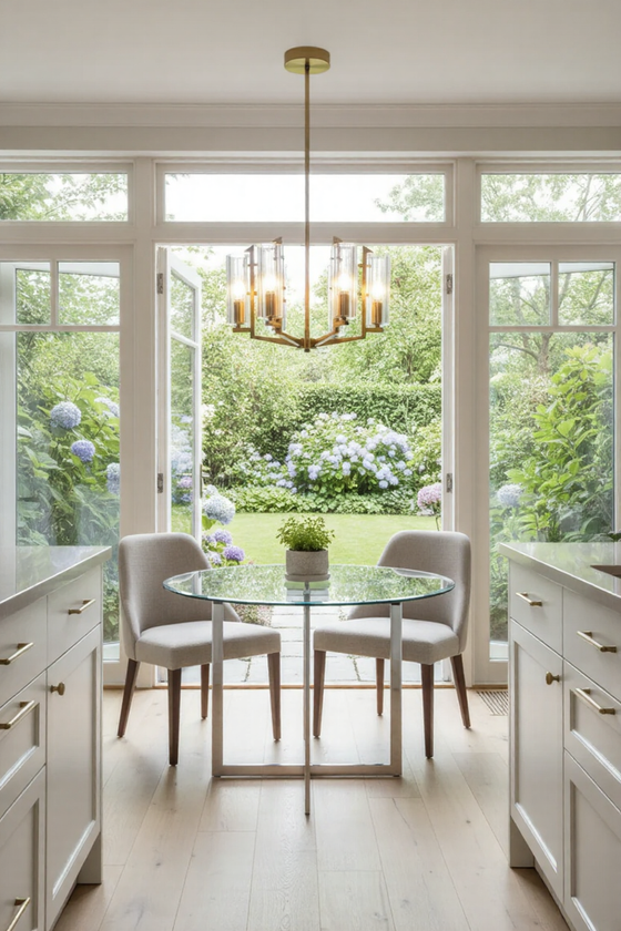 Modern kitchen with a round glass dining table and chairs, featuring a chandelier and large windows overlooking a garden.