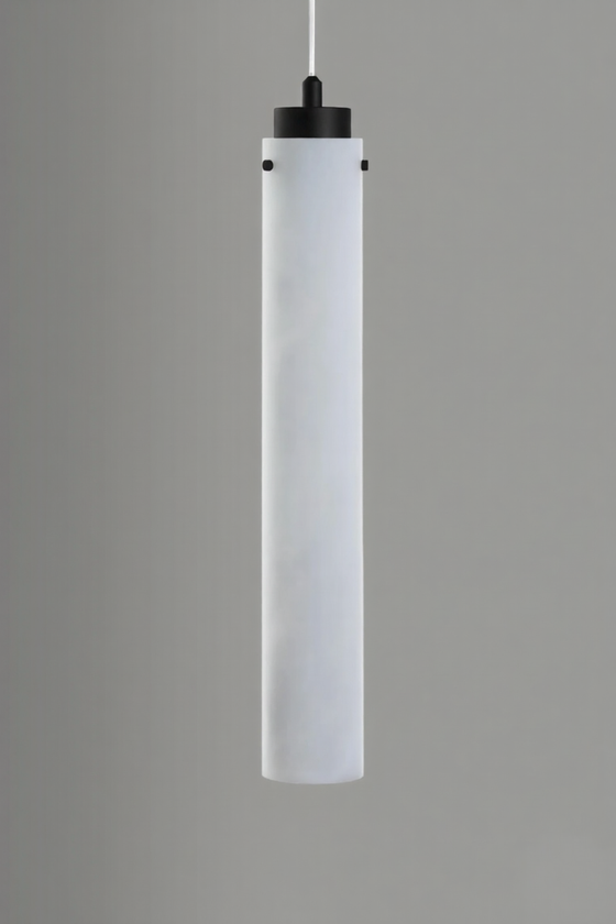 Matte Black Pendant light fixture with cylindrical white alabaster shade on a gray background