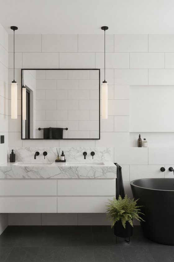 Modern bathroom with white tiles, black pendant alabaster fixtures, and a freestanding bathtub.