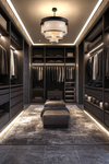 Modern walk-in closet with dark wood cabinets, hanging clothes, and a central ottoman and faux linen chandelier.
