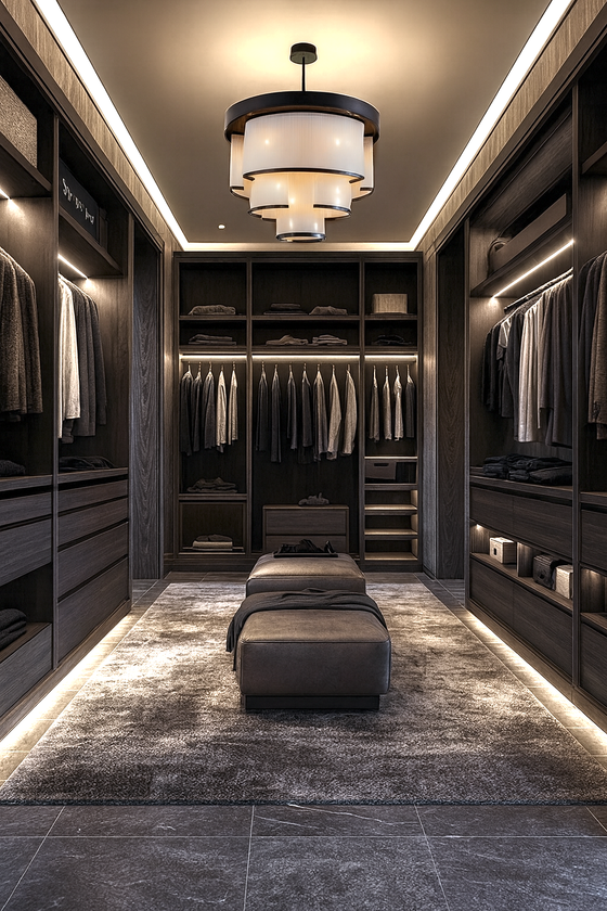 Modern walk-in closet with dark wood cabinets, hanging clothes, and a central ottoman and faux linen chandelier.