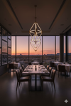 Modern restaurant interior with geometric chandelier and large windows overlooking a sunset.