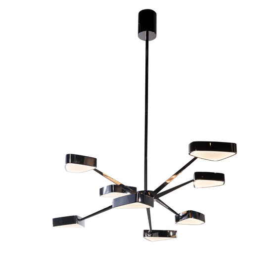 A contemporary black chrome chandelier with a retro design, featuring eight arms and geometric heads, illuminated with LED lights.
