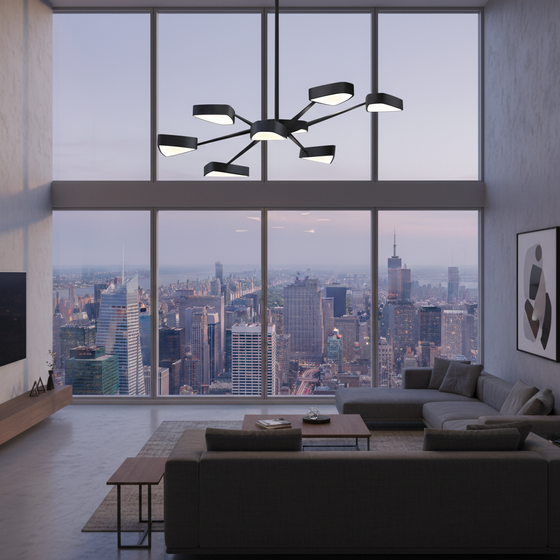 Modern living room with a cityscape view through large windows. Modern black 8 light pendant.