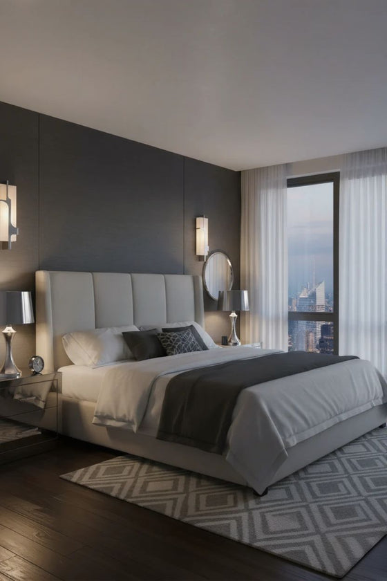 Modern bedroom with a large bed, nightstands, and a cityscape view. Alabaster Wall Sconce.