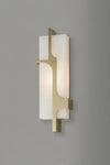 Modern alabaster wall sconce with satin brass frame and white glass on a gray background
