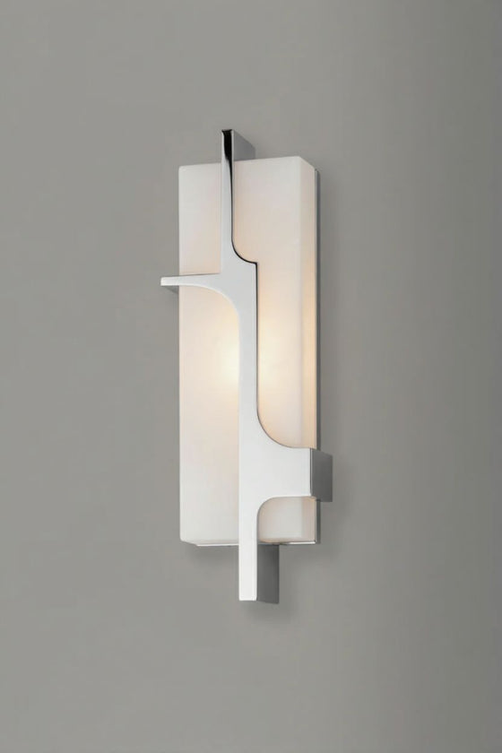 Modern polished chrome alabaster wall sconce with a neutral background