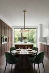 Modern kitchen with a dining table set and large window, satin brass LED alabaster pendant. 