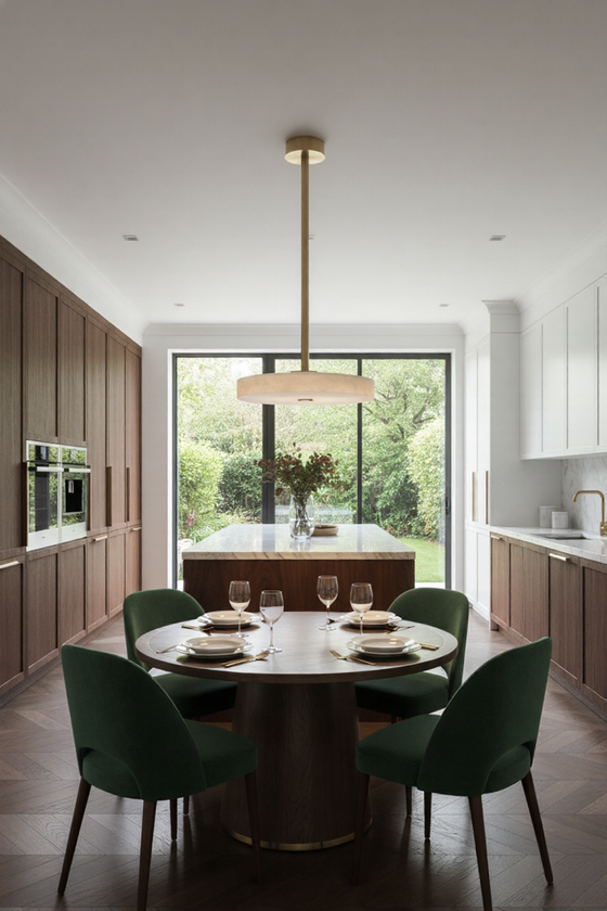 Modern kitchen with a dining table set and large window, satin brass LED alabaster pendant. 
