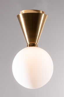  A ceiling light fixture with a frosted white globe shade and a brass finish base.