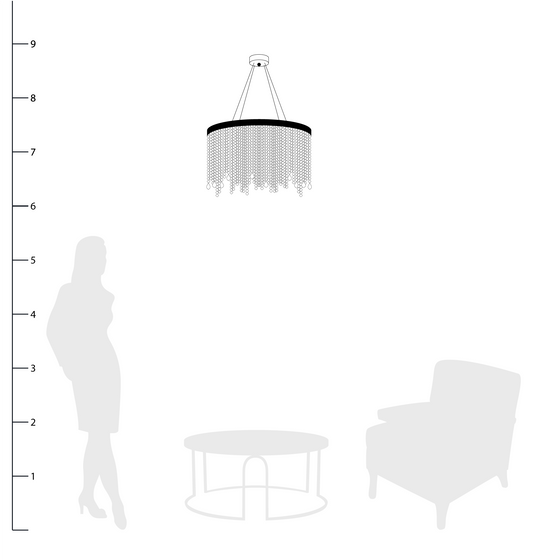 Size of Astoria Crystal Chandelier shown to scale with a chair, side table and person