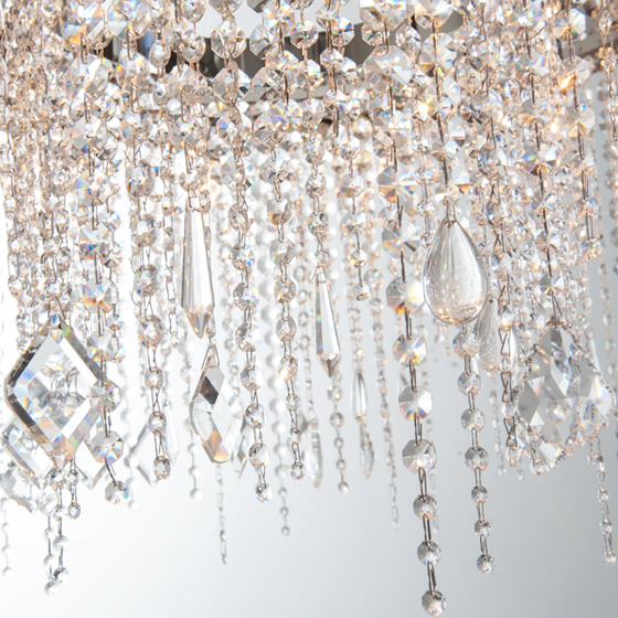 Close up of crystal pendants hanging from Astoria Crystal Chandelier