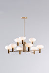 A Bank Glass Globe Chandelier with satin brass finish and matte white glass shades, featuring a vintage design.