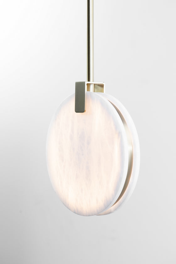 Alabaster, LED, satin brass pendant.