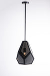 A geometric black pendant light with a tapered shape and a slightly mirrored tinted smoke glass shade.