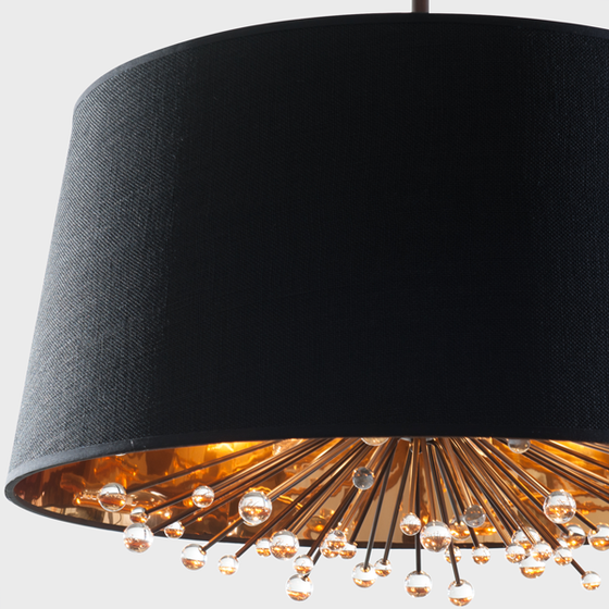 View of detail of Isla Chandelier showing the gold foil interior of the black silk shade