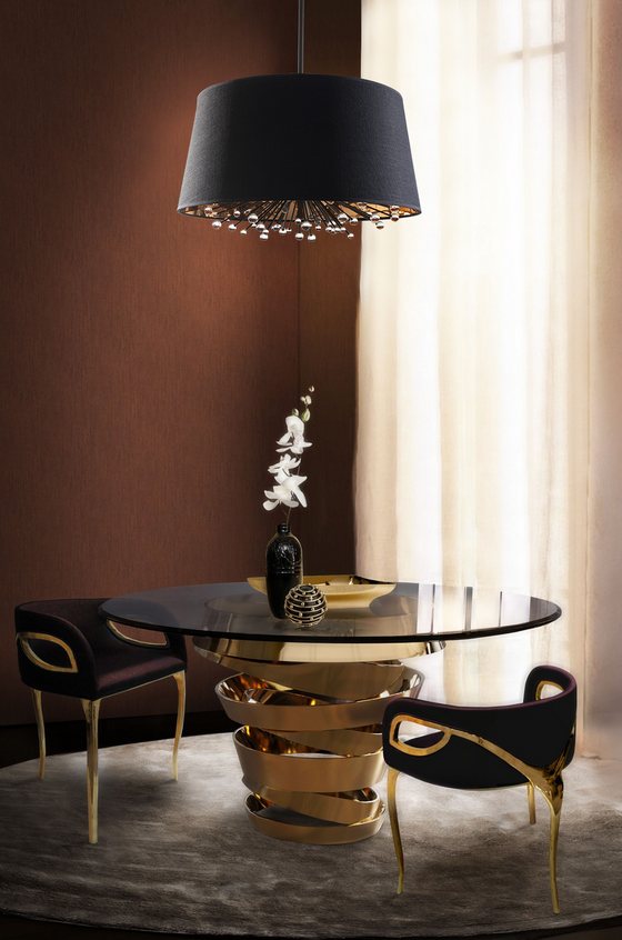 Isla Black and gold Shade Chandelier installed over a small dining set