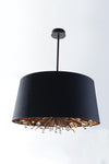 A contemporary black pendant light fixture with a gold interior and decorative glass balls, designed to be mounted on the ceiling.