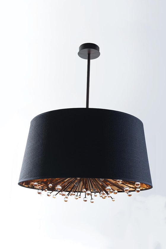 A contemporary black pendant light fixture with a gold interior and decorative glass balls, designed to be mounted on the ceiling.