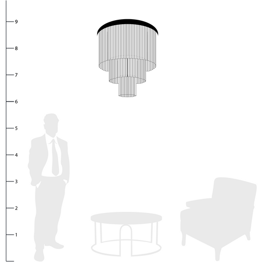 Jade Glass Chandelier shown to scale with a person, side table and chair
