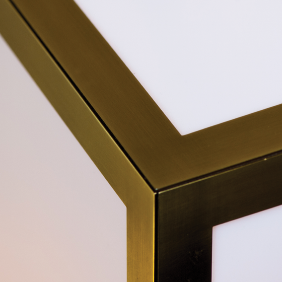 View of geometric brass corners of the Lamont Satin Brass Pendant