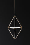 A modern LED pendant light with a geometric design in a satin brass finish, featuring adjustable light bars.