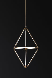  A modern LED pendant light with a geometric design in a satin brass finish, featuring adjustable light bars.