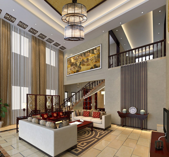 2 tiered Valen Antique Black Round Chandelier shown installed in a large living room setting