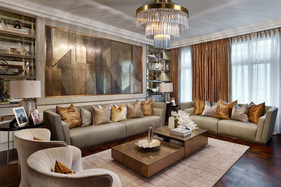 Valentina Antique Brass Ceiling Light Fixture shown installed in a family room or library setting