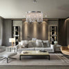 Astoria Crystal Chandelier installed in a modern decor living room centered over sofa and coffee table