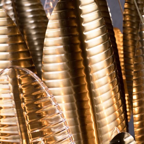 Close up of cast glass of Jazz Art Deco Chandelier in Satin Brass