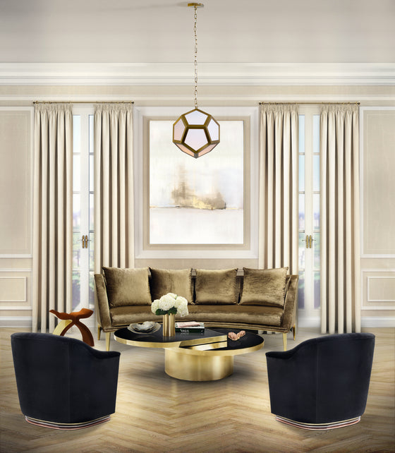 Lamont Satin Brass Pendant shown installed in a living room setting
