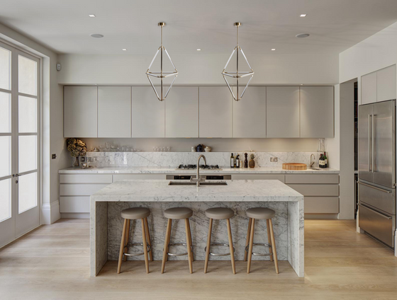 Two Uranus Futuristic LED Lighting Pendant shown installed over a kitchen island